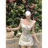 French Lace-up Square Neck Small Flying Sleeve Dress Women's Summer Gentle White Short Skirt, Thin Waist Skirt