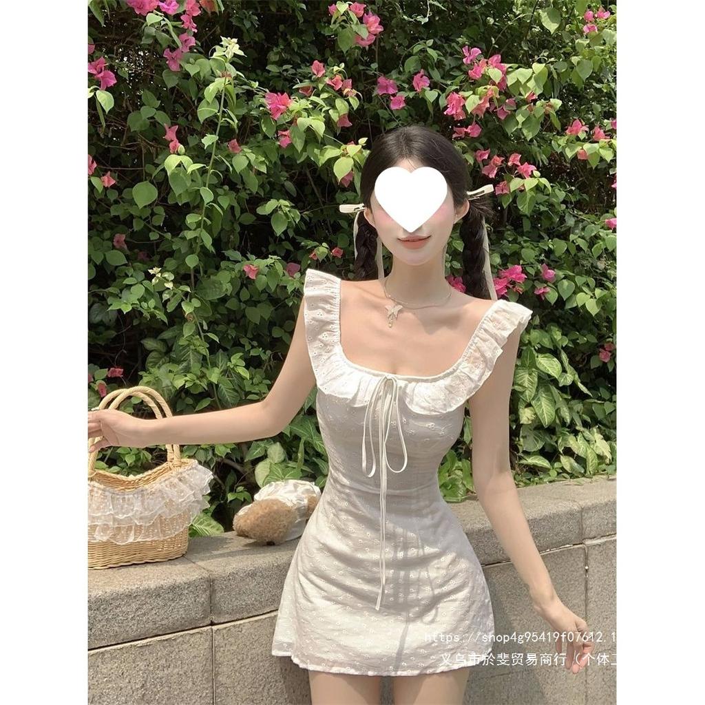 French Lace-up Square Neck Small Flying Sleeve Dress Women's Summer Gentle White Short Skirt, Thin Waist Skirt