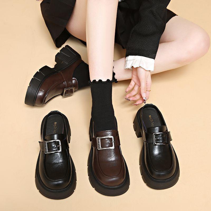 Half slippers, women's British-style retro leather shoes, muffins, thick-soled slippers, buckle straps, 2025 spring/summer sandals trend