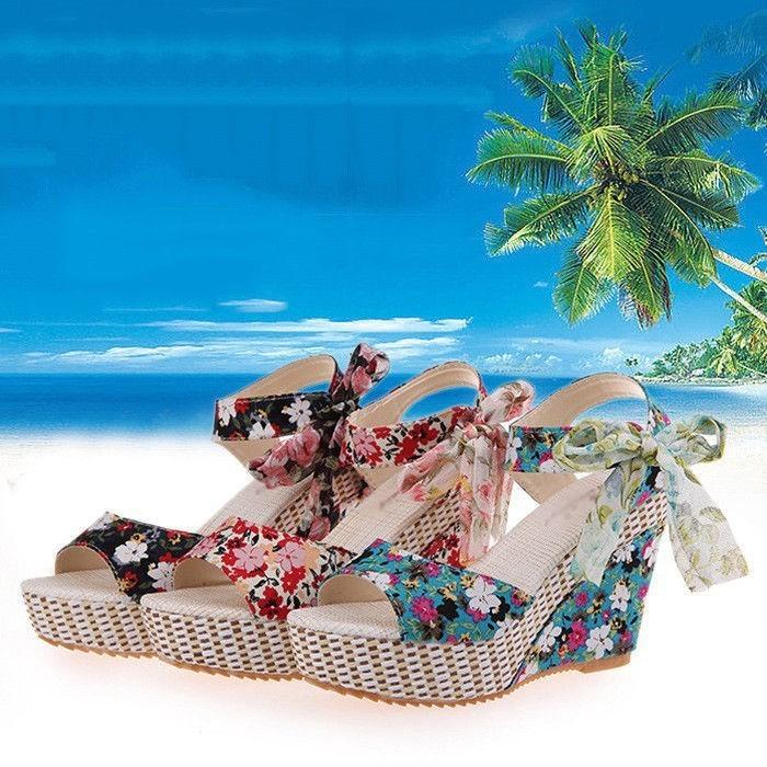 Premium Quality Women Boho Beach Sandals With Floral Wedge Heels For Summer Style