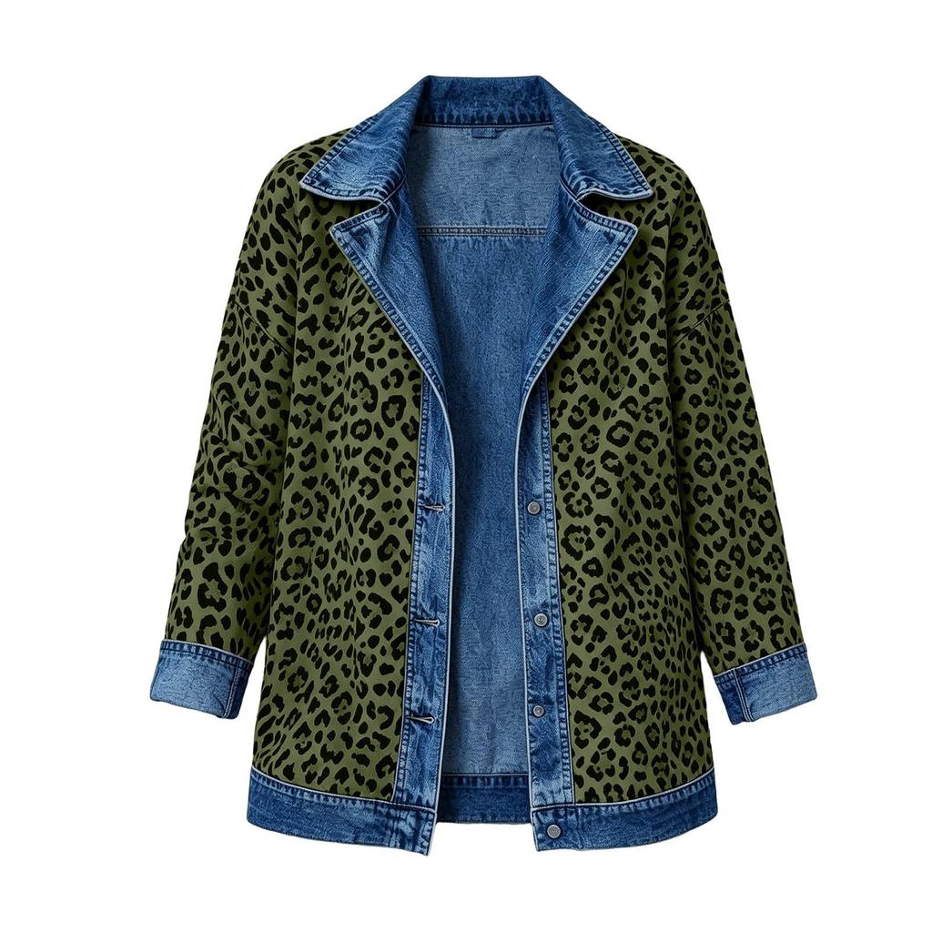 Women's Casual Real Denim Jacket with Leopard Print Patchwork Design for Daily Wear