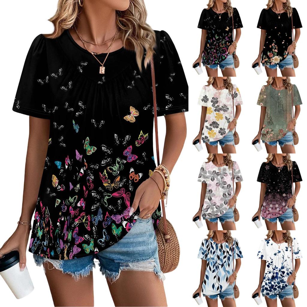 Women's Casual Fashion Round Neck Floral Printed Pleated Short Sleeve T,shirt Top