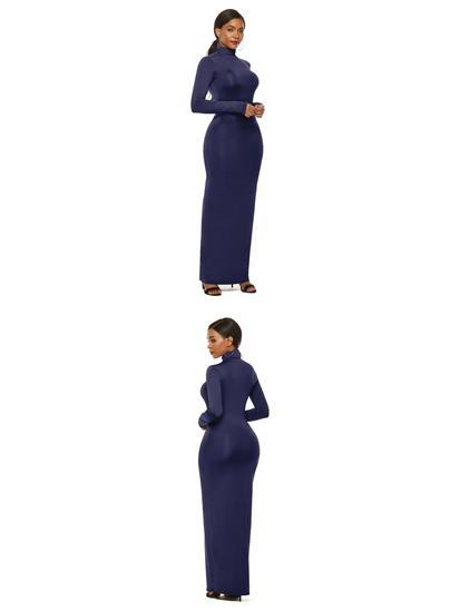 Elastic High-Neck Long-Sleeve Maxi Dress