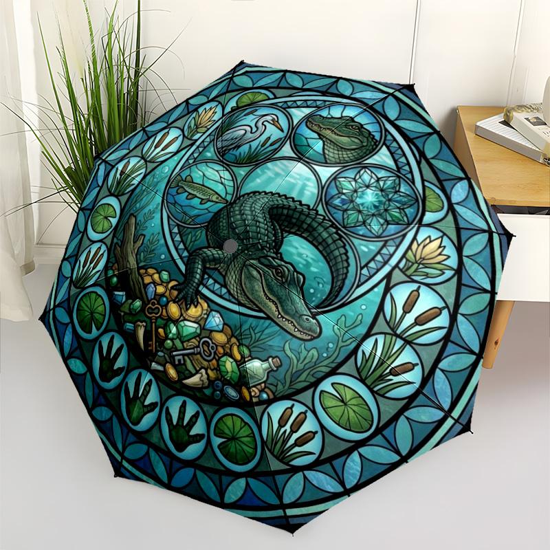 Alligator Treasure Glass Pattern Umbrella, Portable and Foldable Design, 8 Ribs, a Casual Accessory for Halloween, Christmas, and Birthday Gifts.