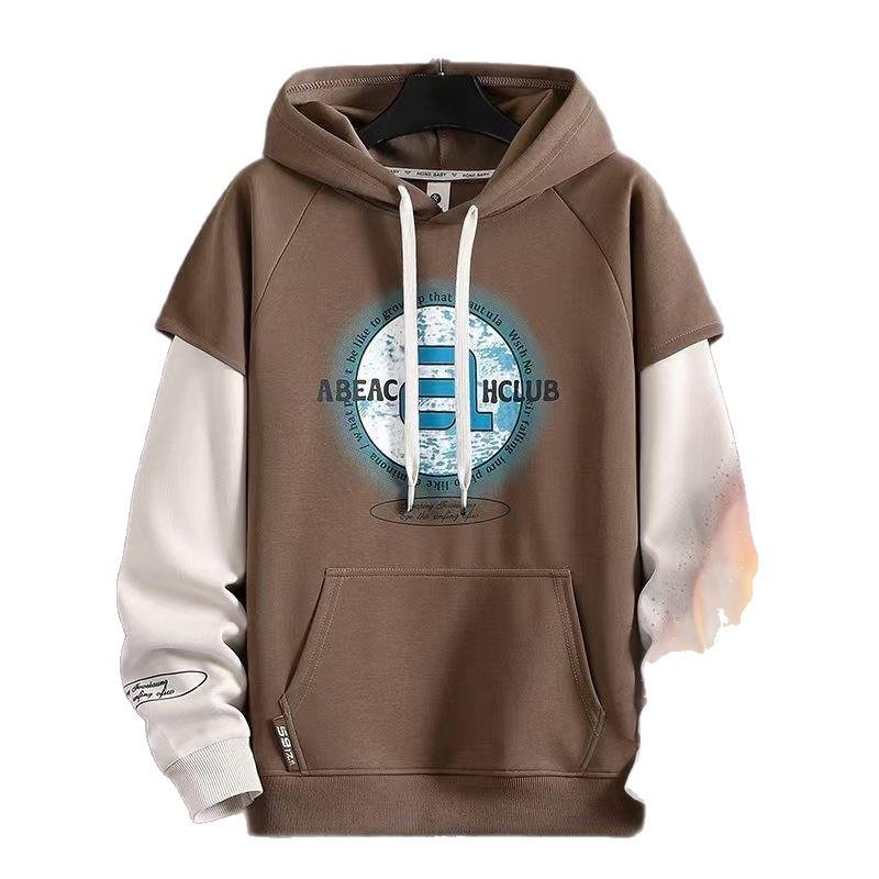 Men's Trendy Letter Print Hooded Sweatshirt - Spring & Autumn Faux Two-Piece Casual Sports Jacket
