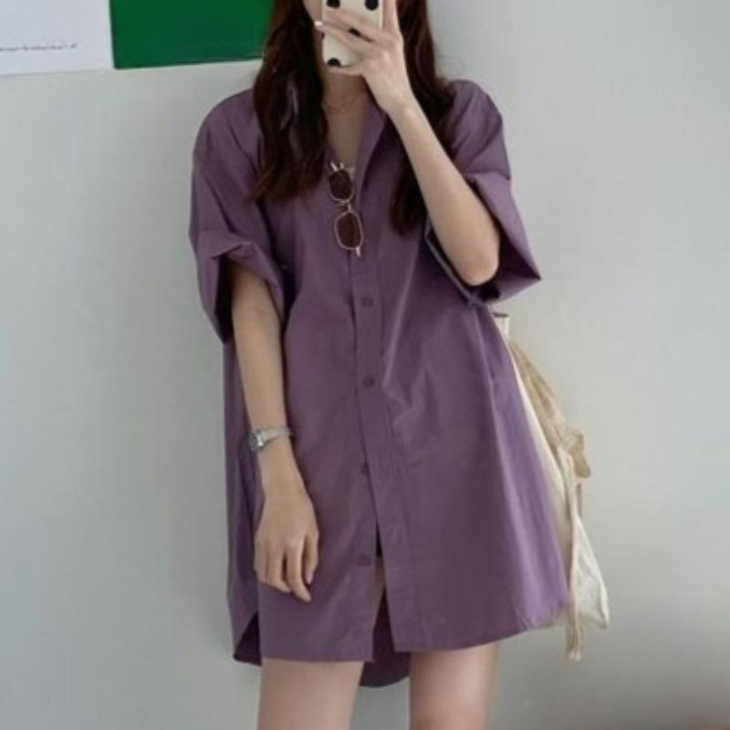 

Solid Color Women s Shirt Korean Style Loose Flip Collar Button Front Open Famale Blouses Summer Casual Comfortable Ladies Short Sleeved Top M фиолетовый