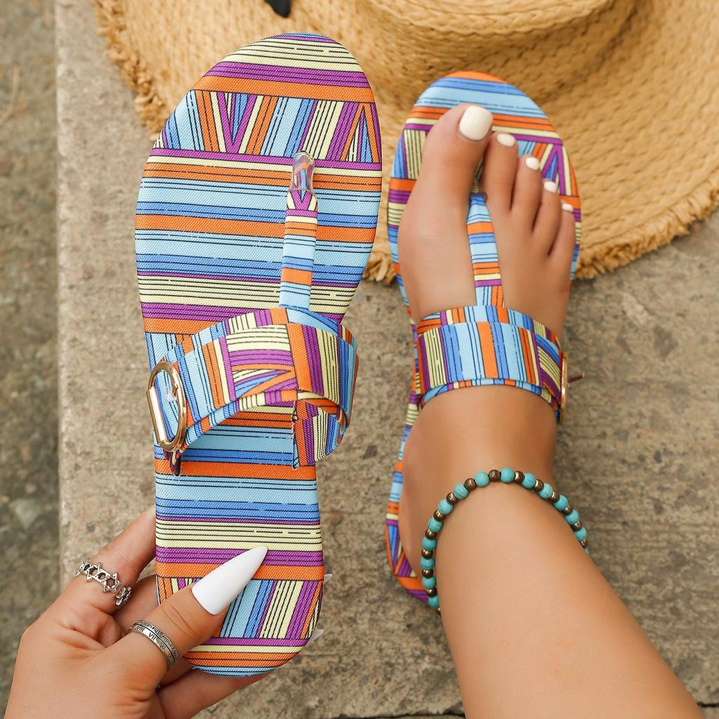 Summer New Flat-bottomed Slippers Foreign Trade Large Size Toe Sandals Belt Buckle Holiday Wind Spot Beach Cool Slippers