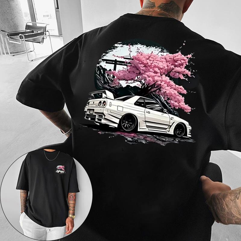 European And American Unisexs Summer Cherry Blossom Racing Print Comfortable And Breathable Round Neck Tshirt Outdoor Street Top
