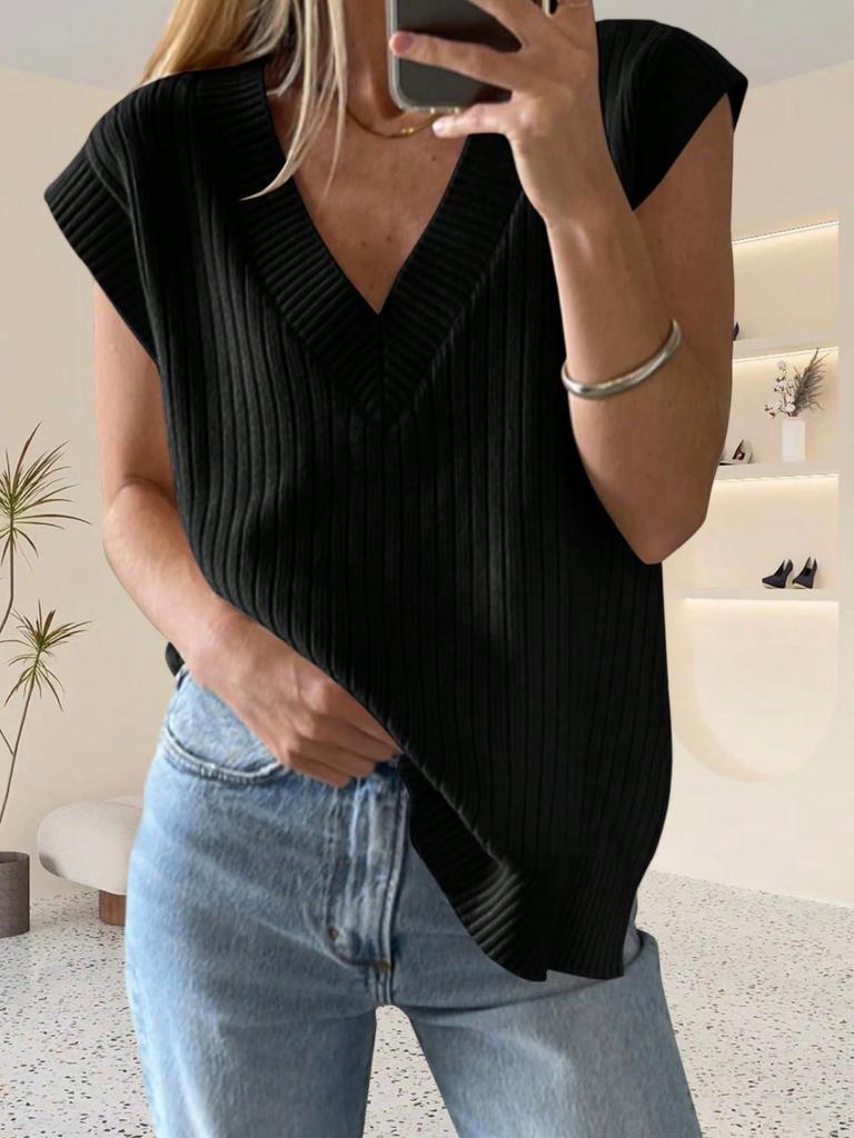 Women's Oversized V Neck Sweater Vest Sleeveless Ribbed Knit Loose Fit Top