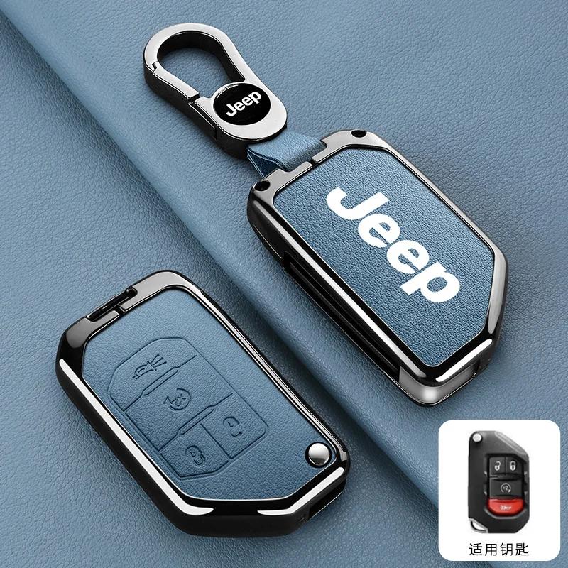 For Jeep Metal Leather Car Key Case Cover Shell Keychain for Jeep Wrangler Gladiator JL JLU Rubicon Sahara JLU JT 2018-2022 A