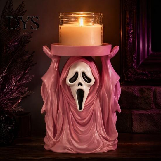 Creepy Figurine Ornament Halloween Grim Reaper Candle Holder, Spooky Screaming Ghost Candlestick Tealight Themed Night Light Stand Table Centerpiece