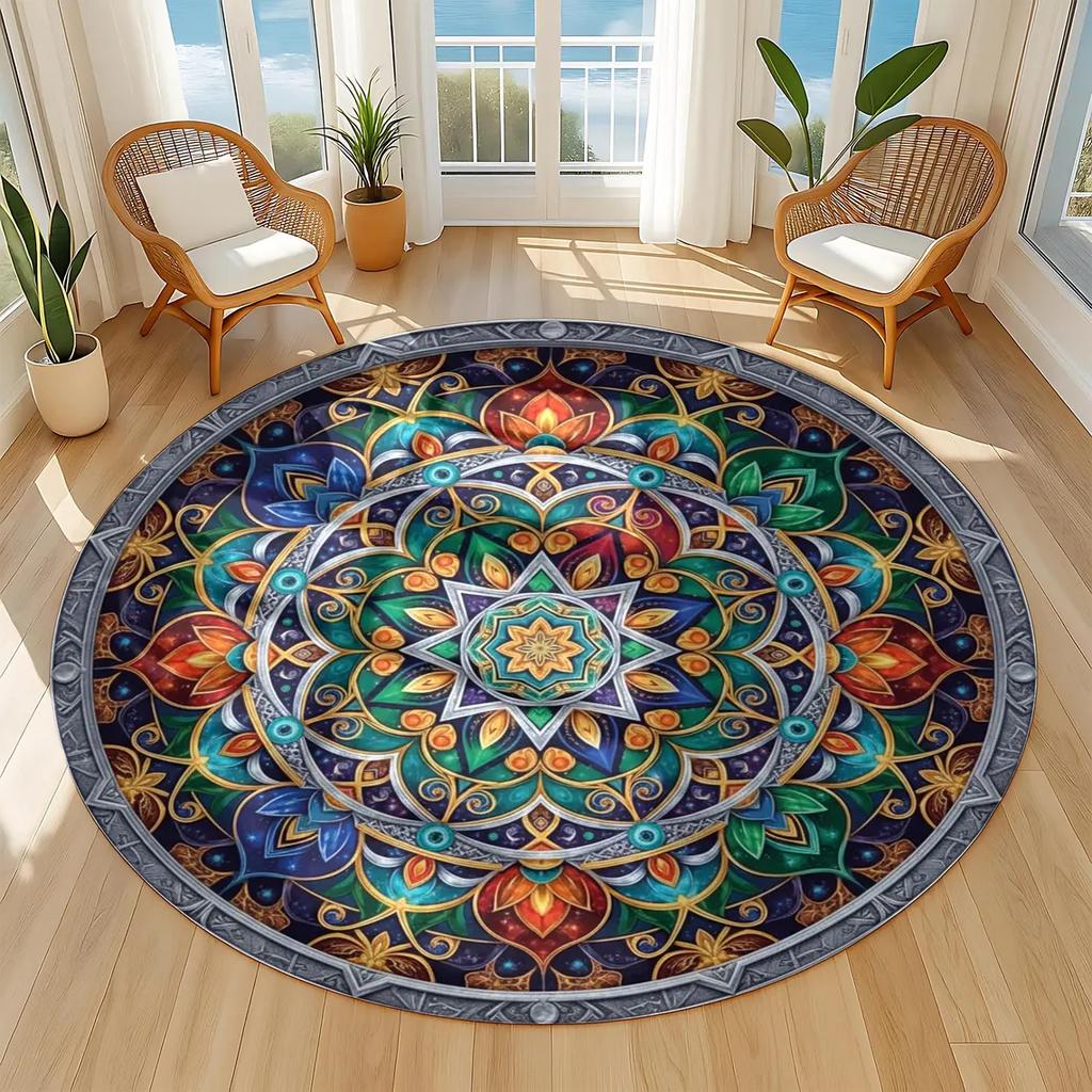 Lotus Flower Round Rug Hummingbirds & Cosmic Mandala, Boho Decor Soft Rugs Coffee Table Carpets Lounge Foot Mat Washable