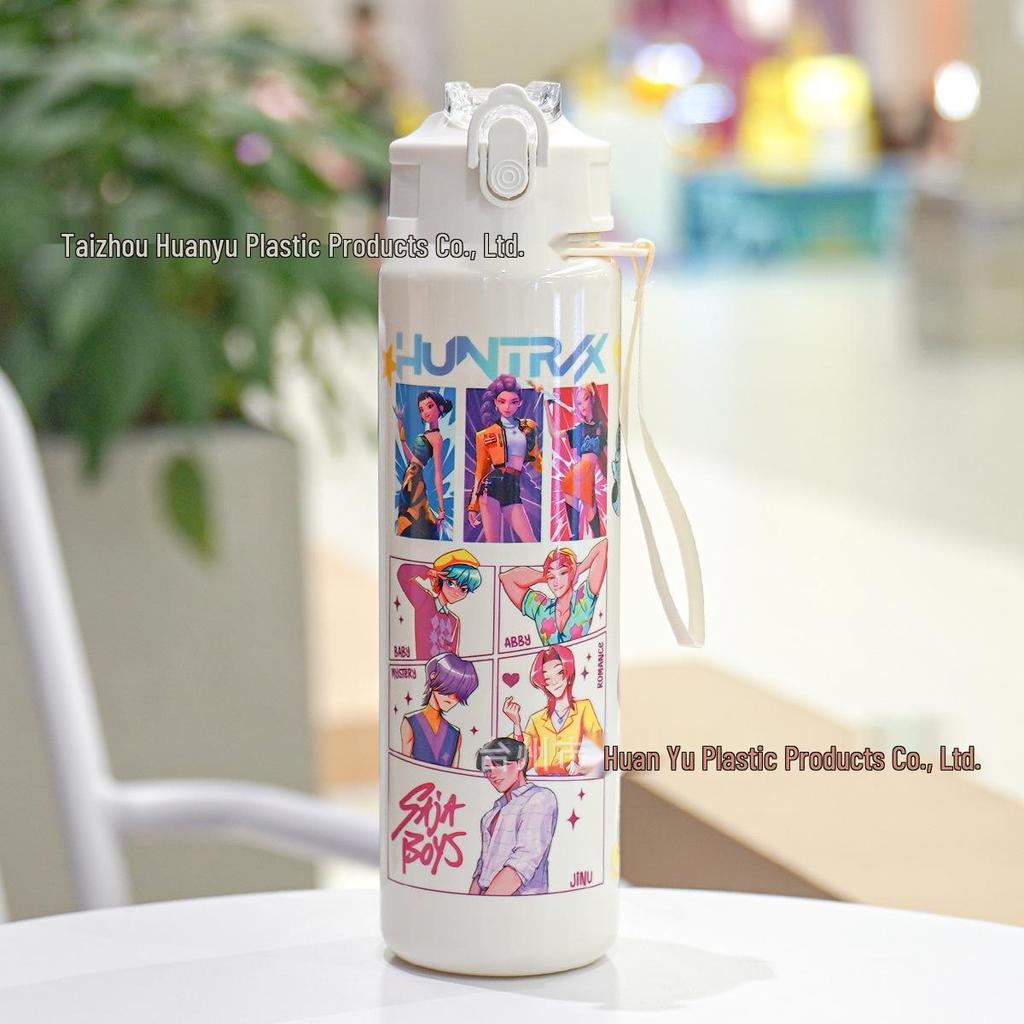 K-POP Demon Hunter Girl Cute Straw Water Bottle, Medium Size, Pop-up Sports Cup with Handle for Students.