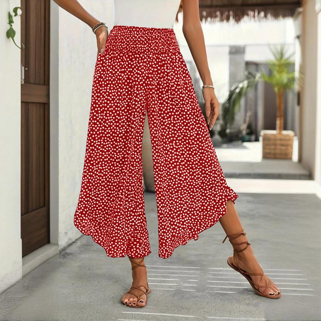 Women Casual Wide Leg Pants High Waist Loose Fit Polka Dot Print Elastic Waistband Palazzo Trousers