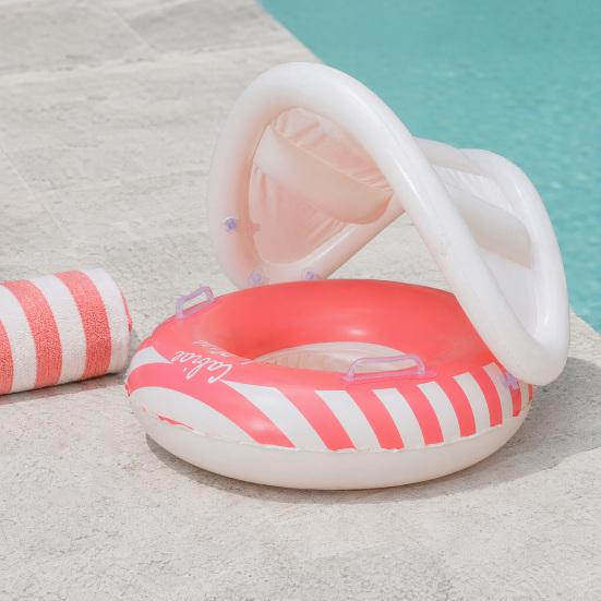 Inel gonflabil pentru bebeluși cu copertină, Inel plutitor gonflabil cu dungi pentru copii mici băieți fete, Inel pentru piscină cu protecție UV împotriva soarelui cu scaun de siguranță, Mânere