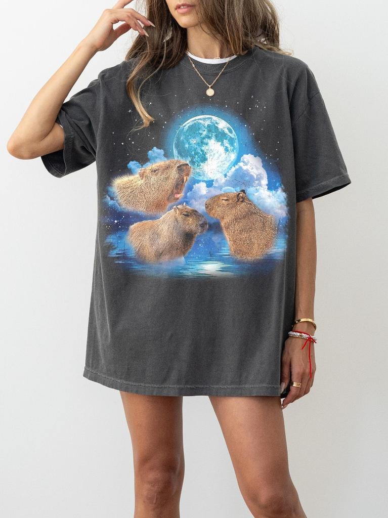 Capybara Shirt Vintage Capybara Tshirt Capybara Gift Capybara Meme Funny Capybara Tee Retro Three Capybara Moon Tshirt