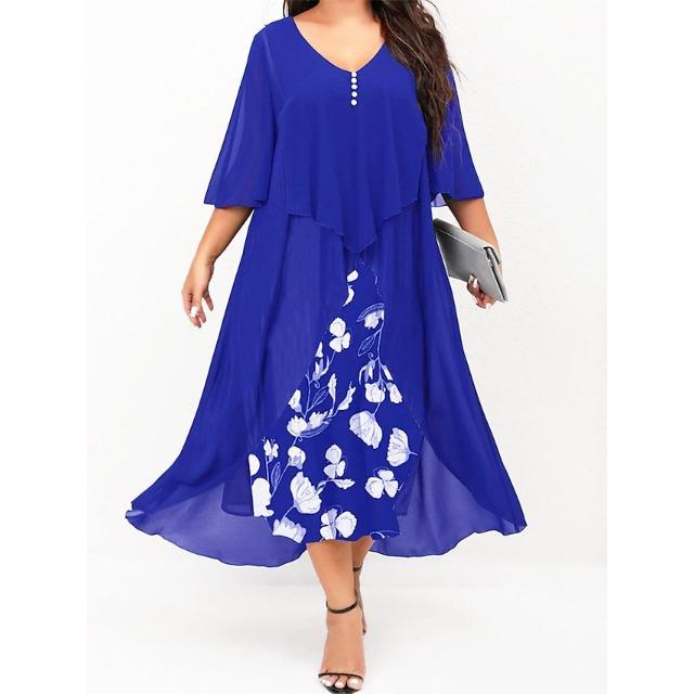Due Vestiti da Donna in Chiffon Patchwork Finti a Manica Media Sovradimensionati