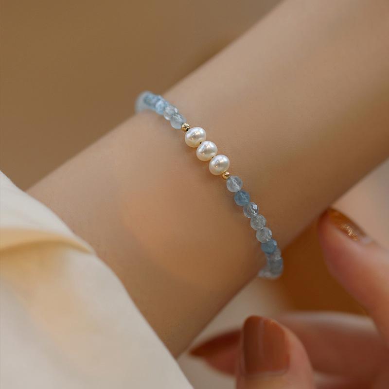 My Fine Jewelry Women's Blue/Gold New Arrival Trendy 100% Natural Freshwater Pearl Crystal 14K Filled Beads Chain Bracelet For Gift