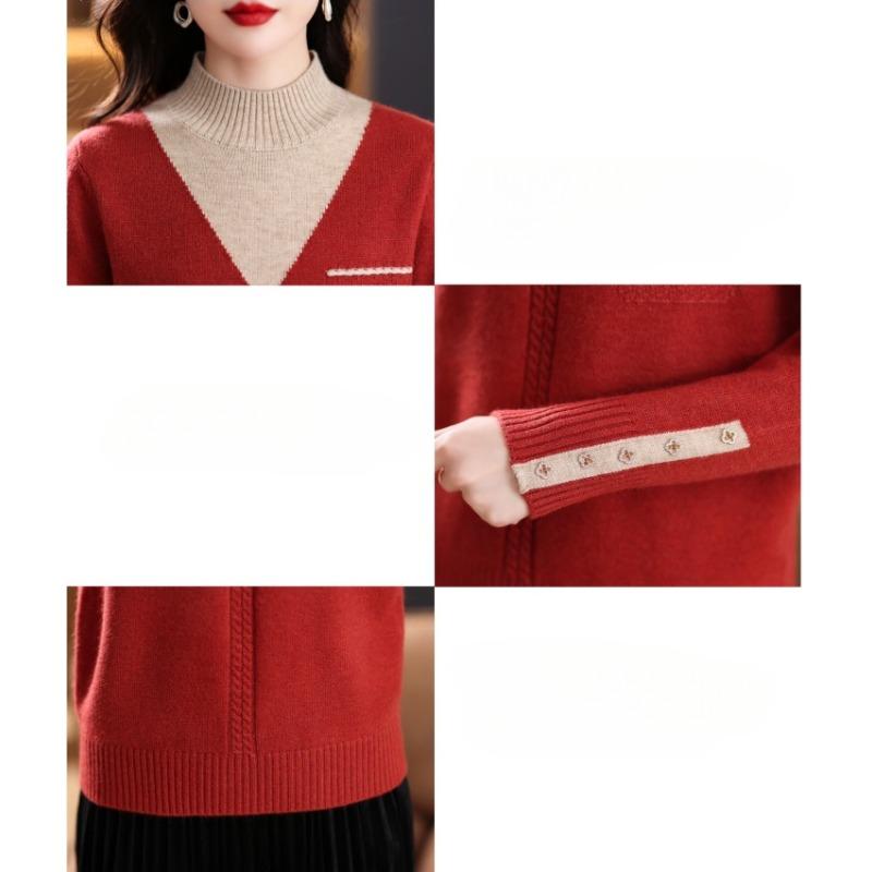 Women Vintage Splicing Panelled Sweaters Autumn Winter Fashion Mock Neck Long Sleeve Casual Slim Knitted Pullovers