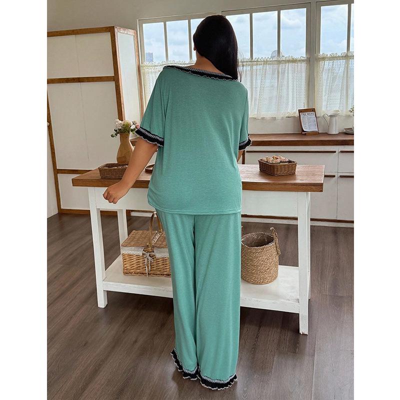 Women's Plus Size Lace Trim Pajama Set - Spring/Summer Loose Fit