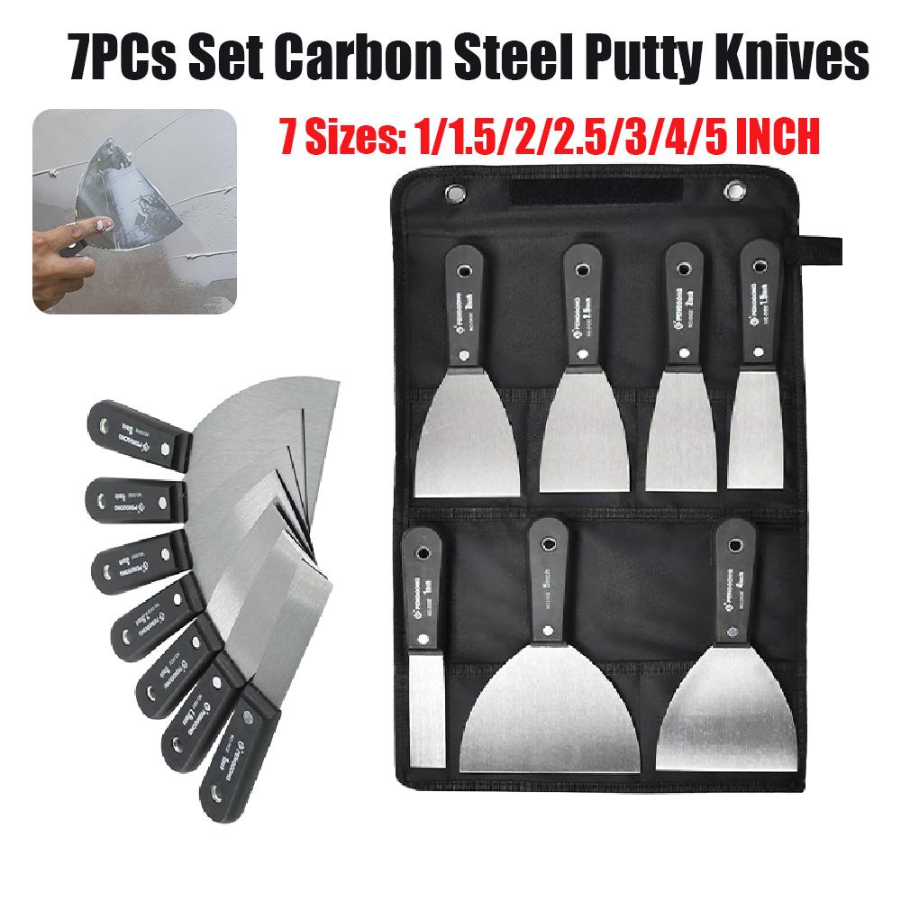 7PCS Carbon Steel Putty Knives 1/1.5/2/2.5/3/4/5 INCH Flex Drywall Knife Paint Scraper Kit 7 Sizes with Canvas Storage Bag