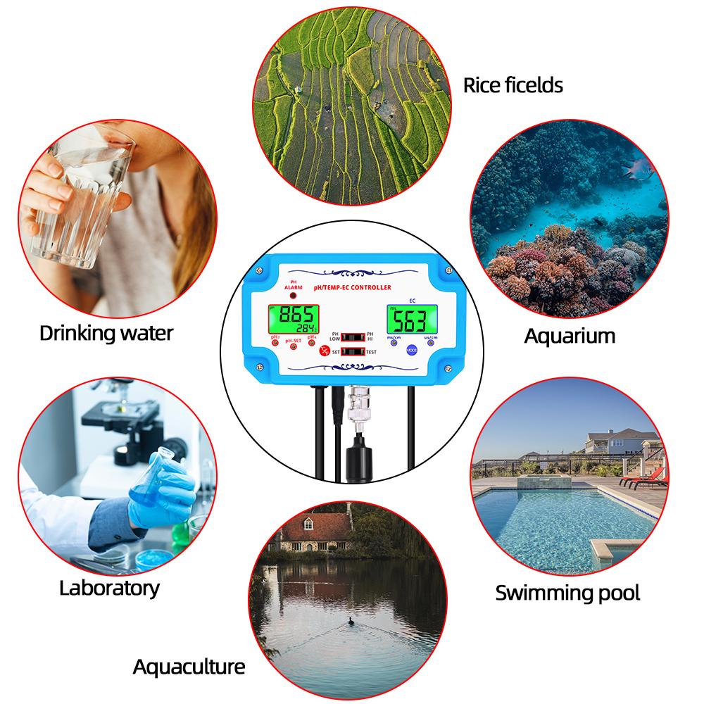 3-in-1 Water Quality Controller PH EC TEMP Meter Water Quality Monitor EC Temperature Meter for Pool Fishpond Aquaculture