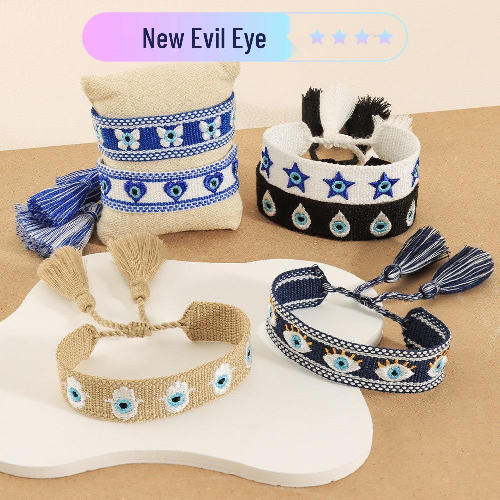 Blue-Eyed Lucky Charm Tassel Bracelet: Handmade European & American Style Woven Demon Eye for Women