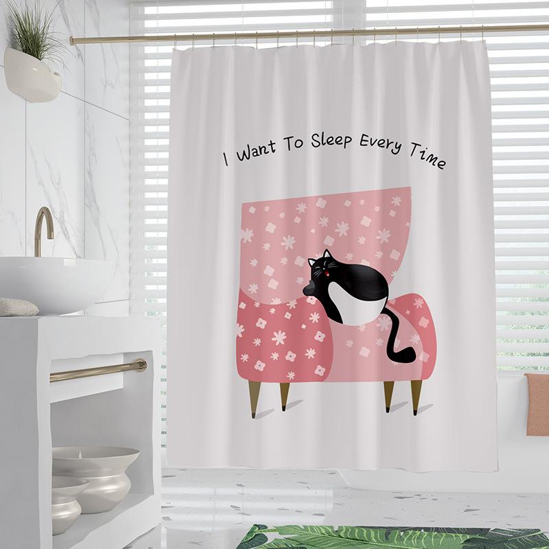 Chat Nordique Fleurs lavable Résistant à la saleté Rideau de douche Pommeau de douche étanche Polyester Rideau de bain Pour décoration intérieure