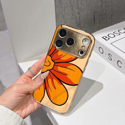 LUCKYSTART Shockproof Cute Case Phone Case For iPhone 17 16 15 14 13 12 11 Pro Max 16E Gold Electroplated Glass Shell  Bold Orange Flower Cover