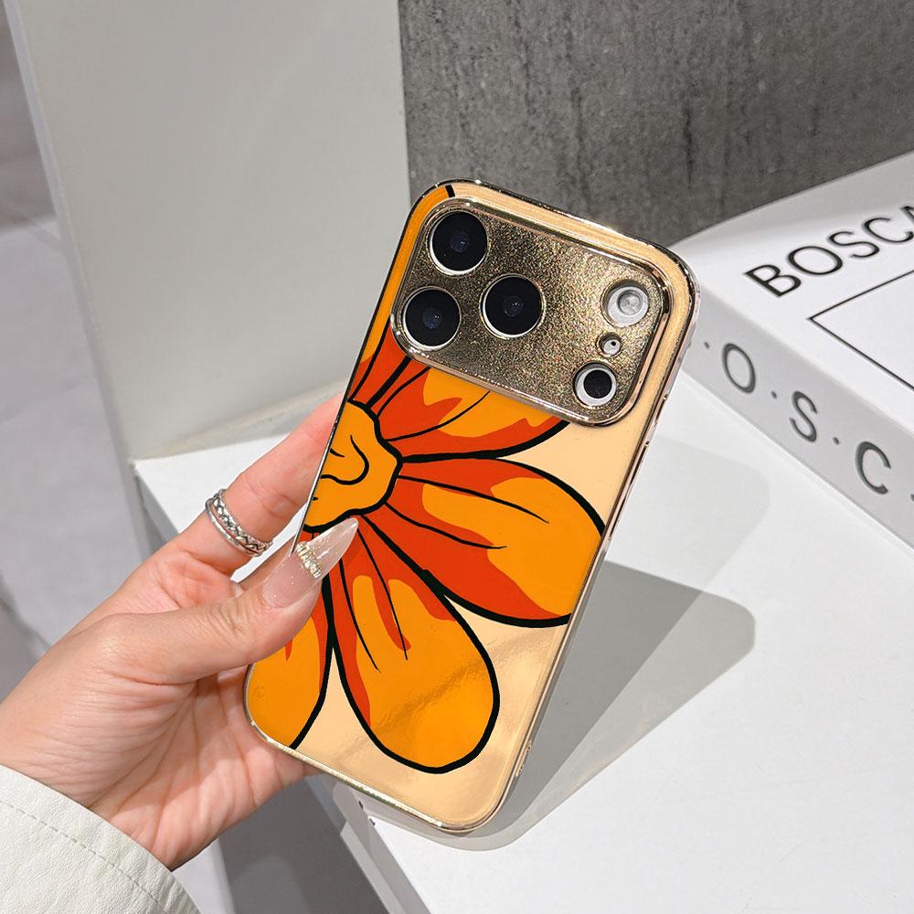 

Lucky Start Phone Case For iPhone 17 16 15 14 13 12 11 Pro Max 16E Gold Electroplated glass shell Bold Orange Flower Cover IPHONE17PROMAX