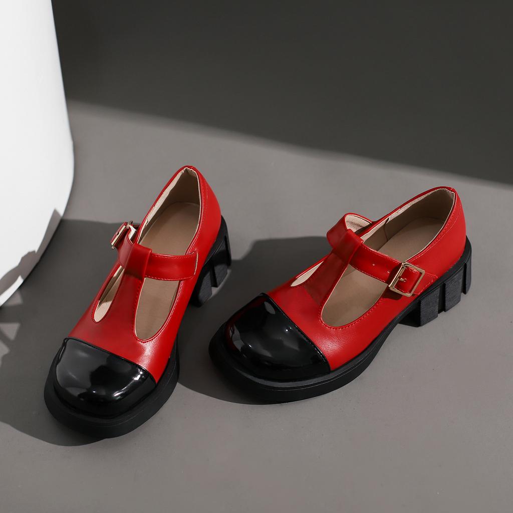 Women Patent PU Leather Two Tone Mary Jane Shoes T Strap Chunky Heels Goth Pumps Kawaii Girls Platform Ladies