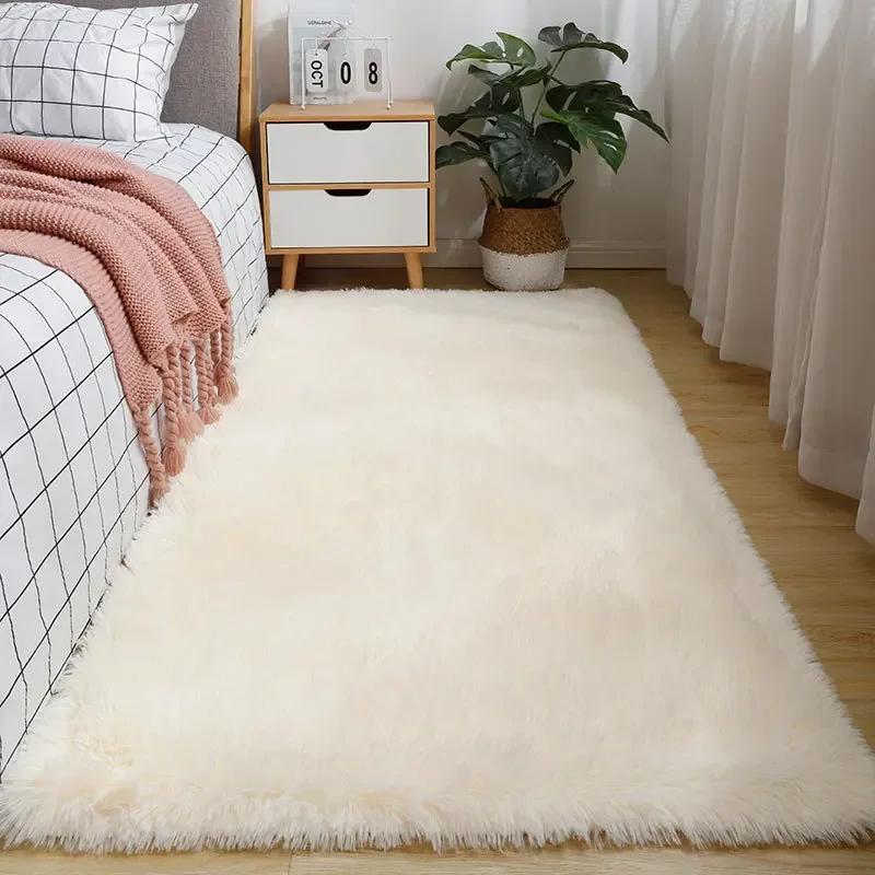 Fluffy Cream White Woolen Rug Solid Color Silk Wool Bedside Blanket Women's Room Rug Non Slip Bottom Living Room Mat Home Decor