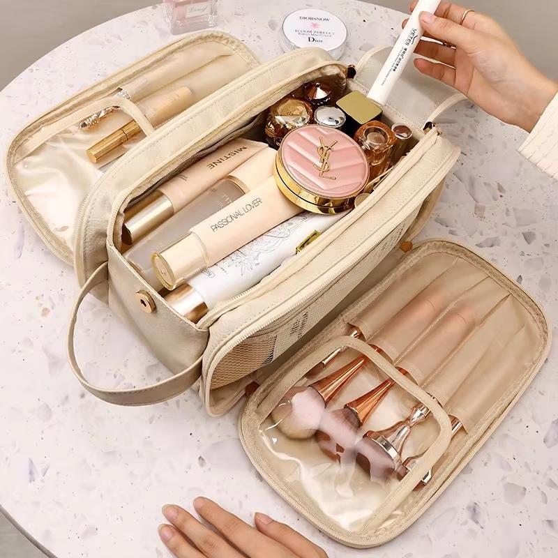 Multifunctional Makeup Bag For Women Pu Leather Large Capacity Portable Double Zipper Travel Makeup Brush Toiletries Storage Bag