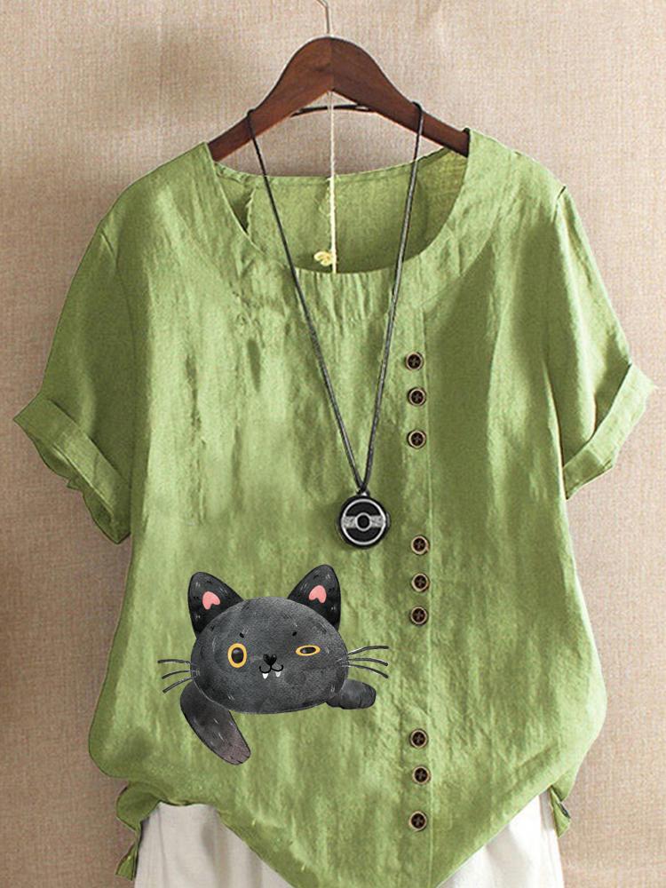 Women's Fashion Cat Printing Casual Cotton Linen Short Sleeve Round Neck T-shirt Shirt Leisure Loose Summer Blouse Tops