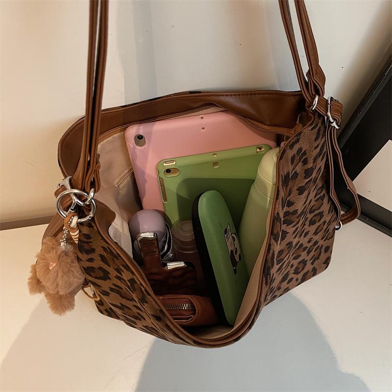 Leopard Print Tote Bag Women's Large Capacity Retro Shoulder Bag Multi-Functional Backpack