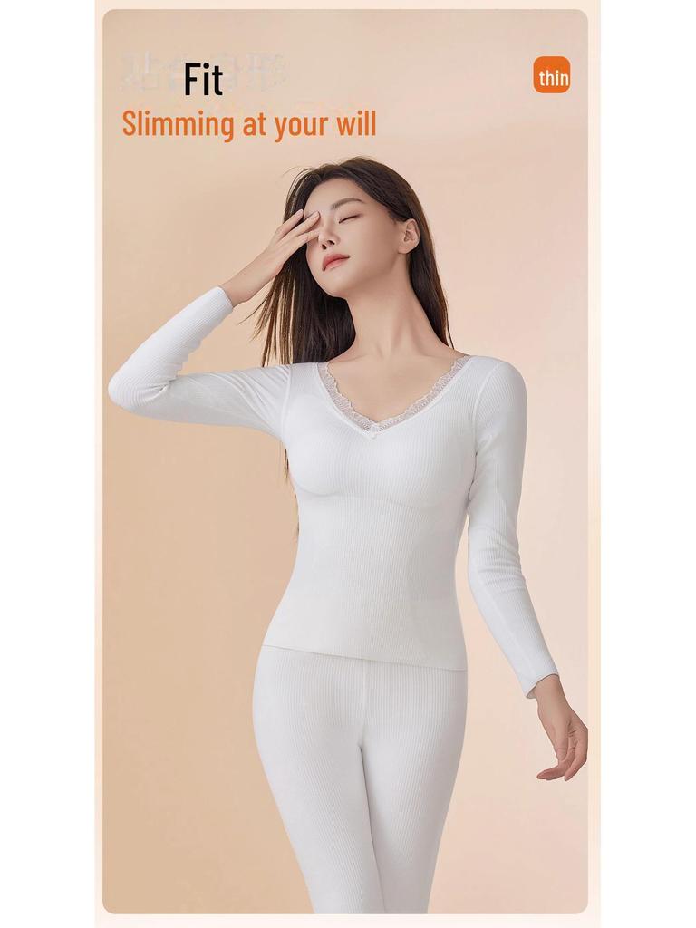 Damen Nahtlose Warme Samt Herbst Unterwäsche Hose mit Brustpolster - Kaschmirseide, Verdickt für Zusätzliche Wärme