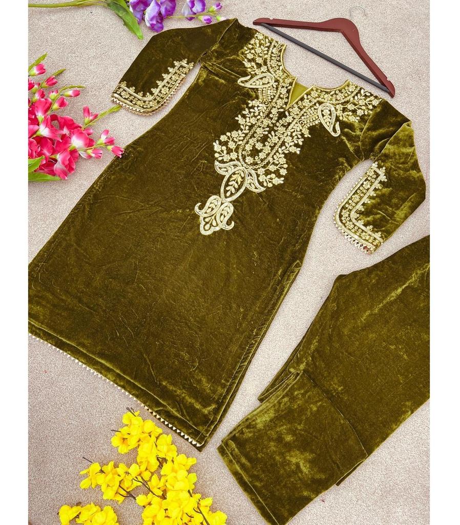 Traditional Heavy Viscose Velvet Salwar Suit Set with Embroidery, Kurta Pants, Ethnic Party Wear for Women