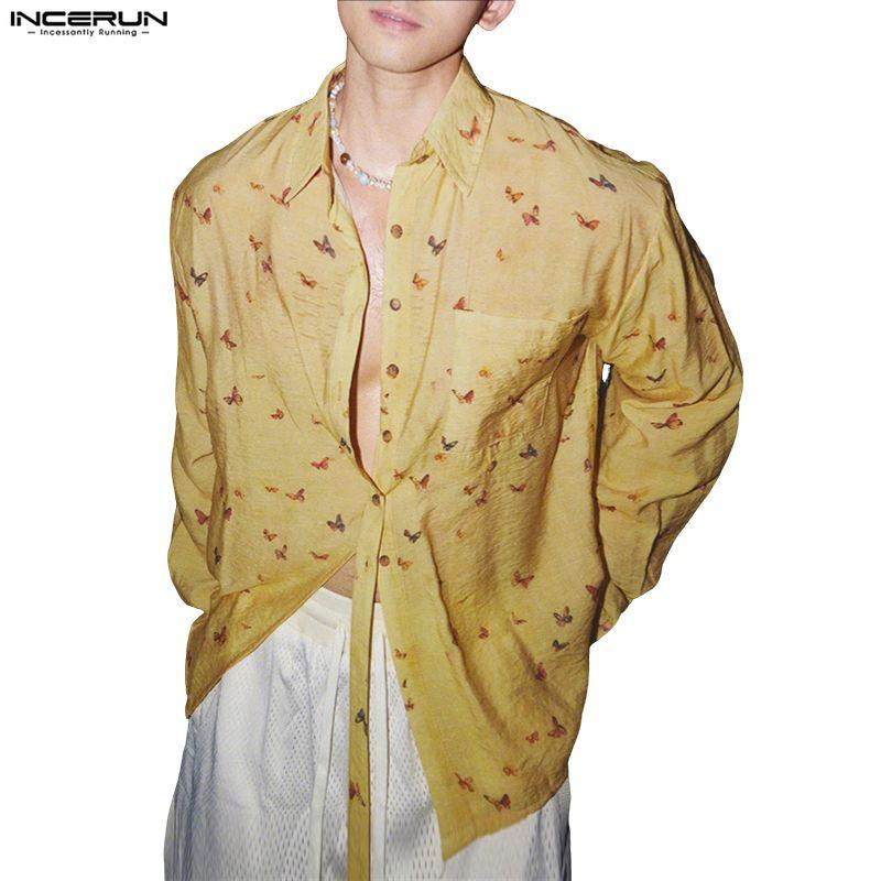 INCERUN Oversized Men Lapel Neck Long Sleeve Floral Print Buttons Casual Loose Shirts