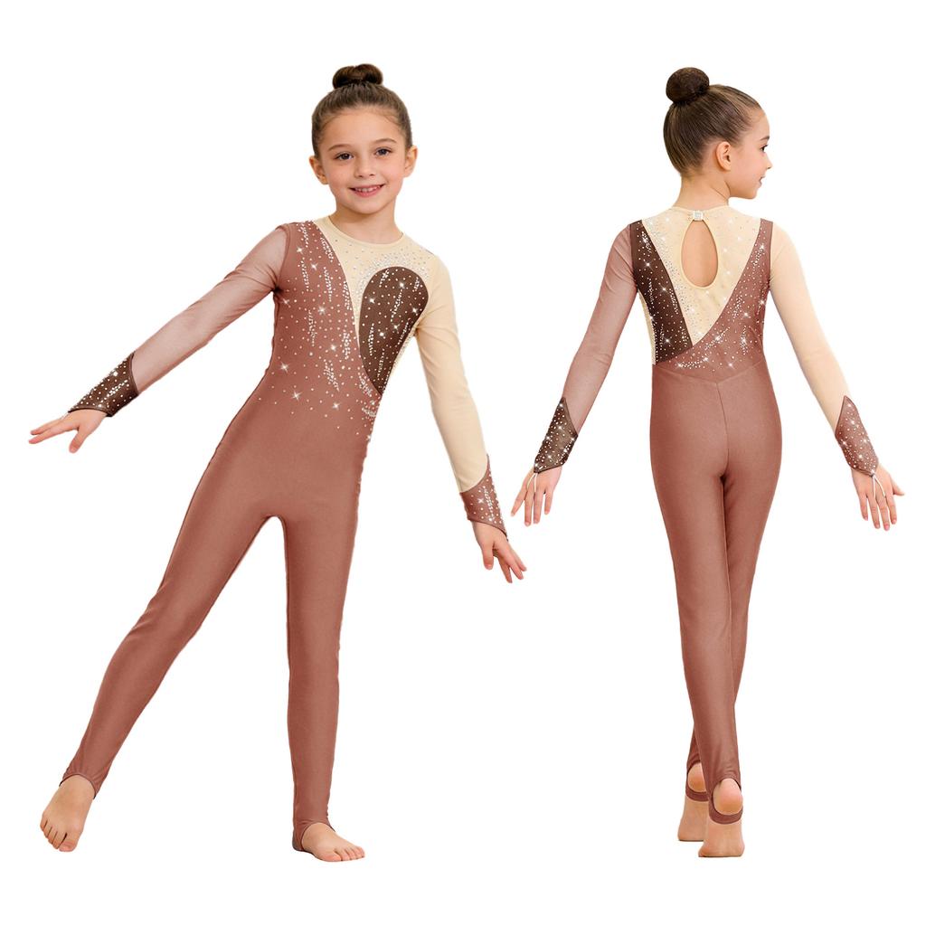 Veelzijdige Trainings- & Wedstrijdjumpsuit voor Kinderen Meisjes: Kenmerken Vingergaten, Mesh Patchwork & Strass Accenten