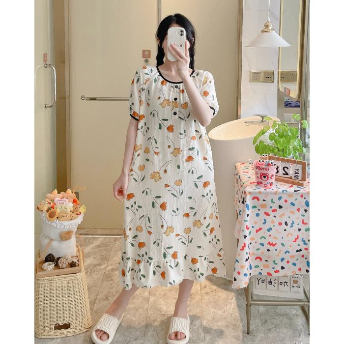 

Bubble cotton nightdress women s spring and autumn summer thin pajamas home skirt new short-sleeved girl mother dress plus size 165(L)