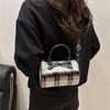 Korean Bow Pillow Bag Women Star Checkered Handbag Blue Brown Pleated Edge Shoulder Bag Cute Heart-shaped Pendant Crossbody Bag