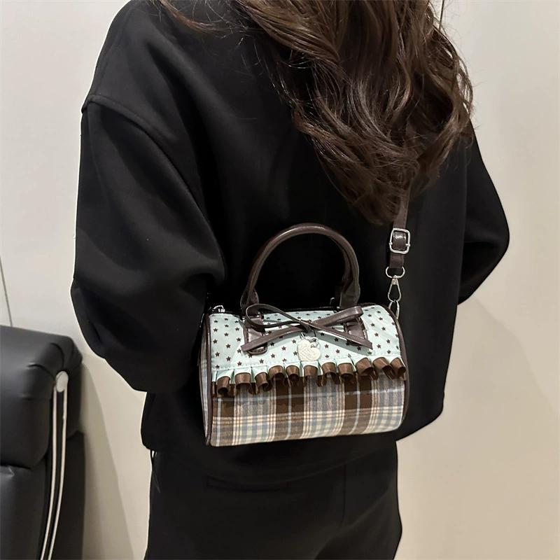 Korean Bow Pillow Bag Women Star Checkered Handbag Blue Brown Pleated Edge Shoulder Bag Cute Heart-shaped Pendant Crossbody Bag