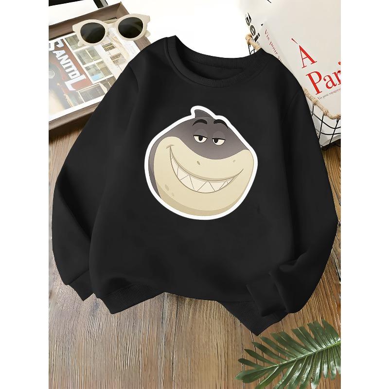 Kids Unisex Crewneck Sweatshirt, Cool Smiling Cartoon Shark Head Print Long Sleeve Pullover, Soft Kids Sweatshirt For Boys Girls Over 4 Years Old 110