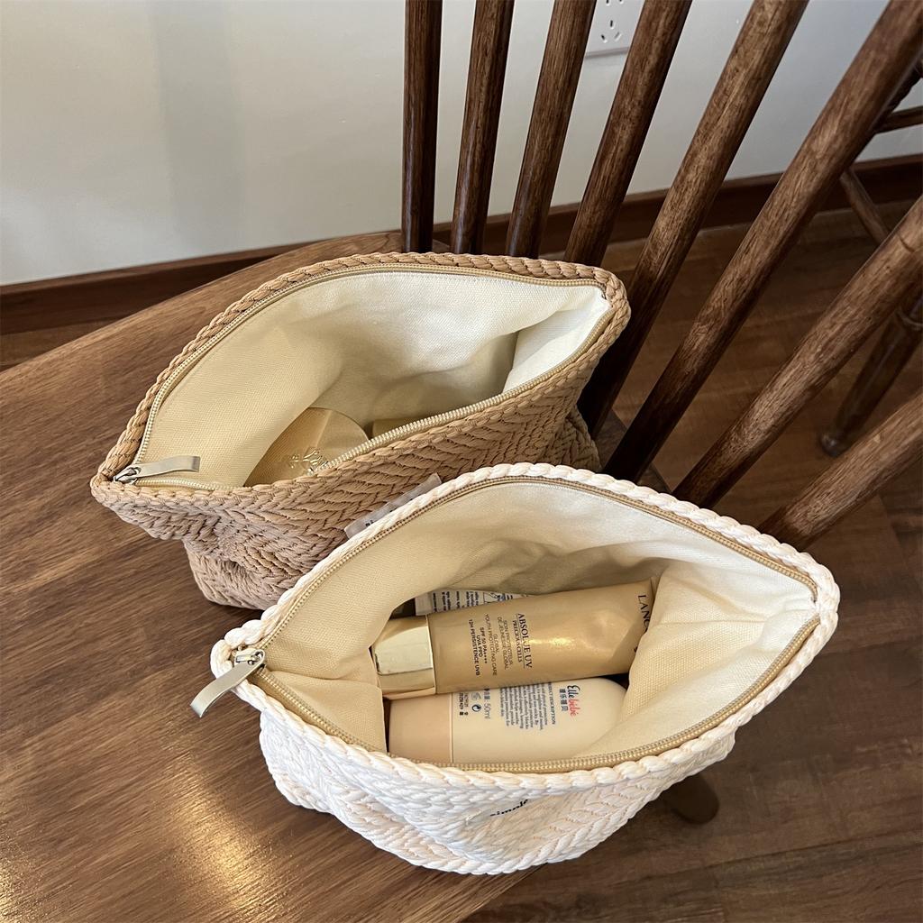 Handwoven Cotton Makeup Bag – Artistic Crochet Cosmetic Pouch with Zipper, Minimalist Clutch for Women