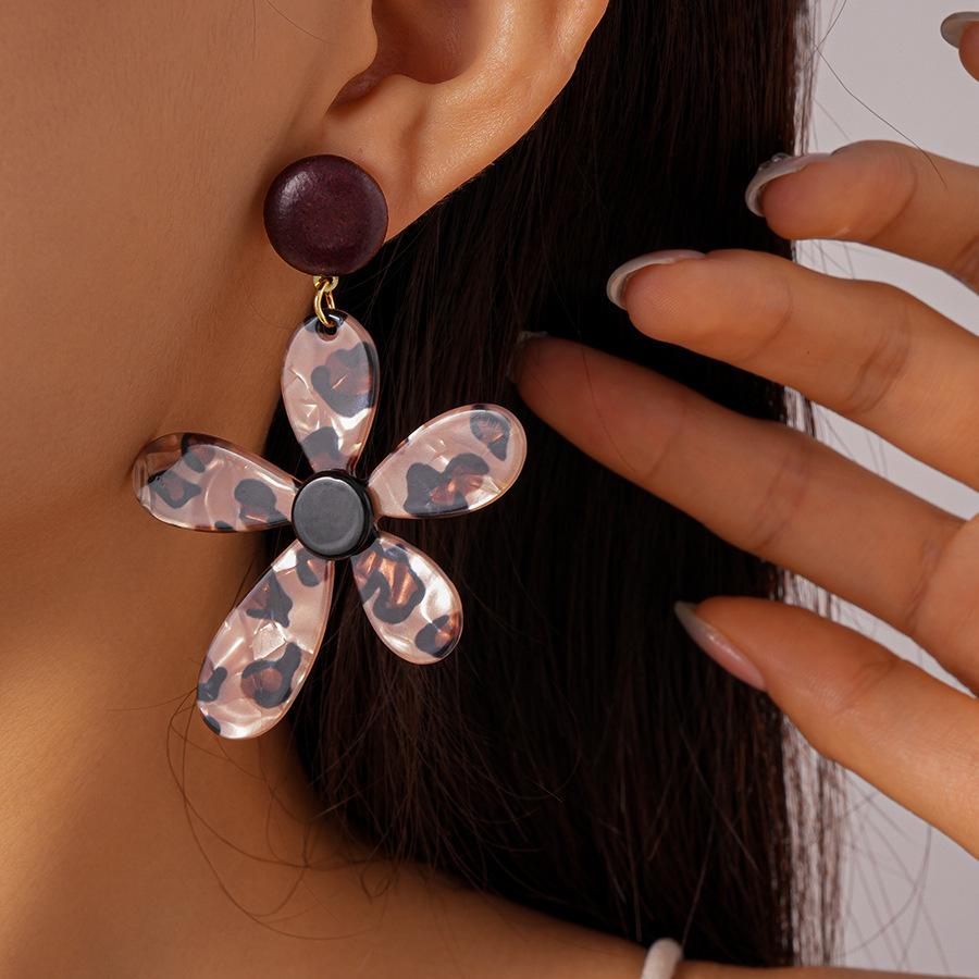 Cercei cu ac de argint cu imprimeu leopard pătat din rășină, floare geometrică, temperament retro Maillard, cercei de nișă high-end