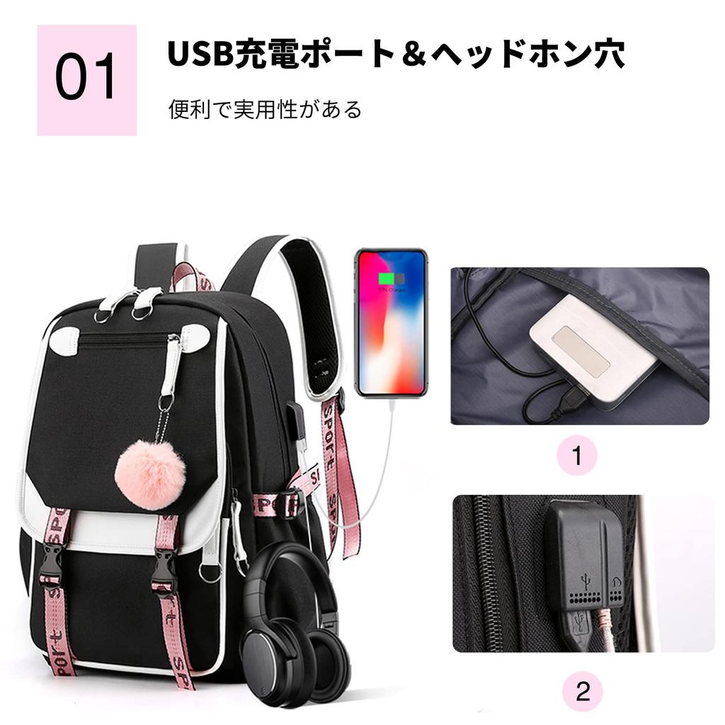 FANDARE Women's Cute Backpack with Fur Ball Charm, USB Charging Port, Earphone Hole, Compatible with 15.6-inch PCs, Large Capacity, Multifunctional