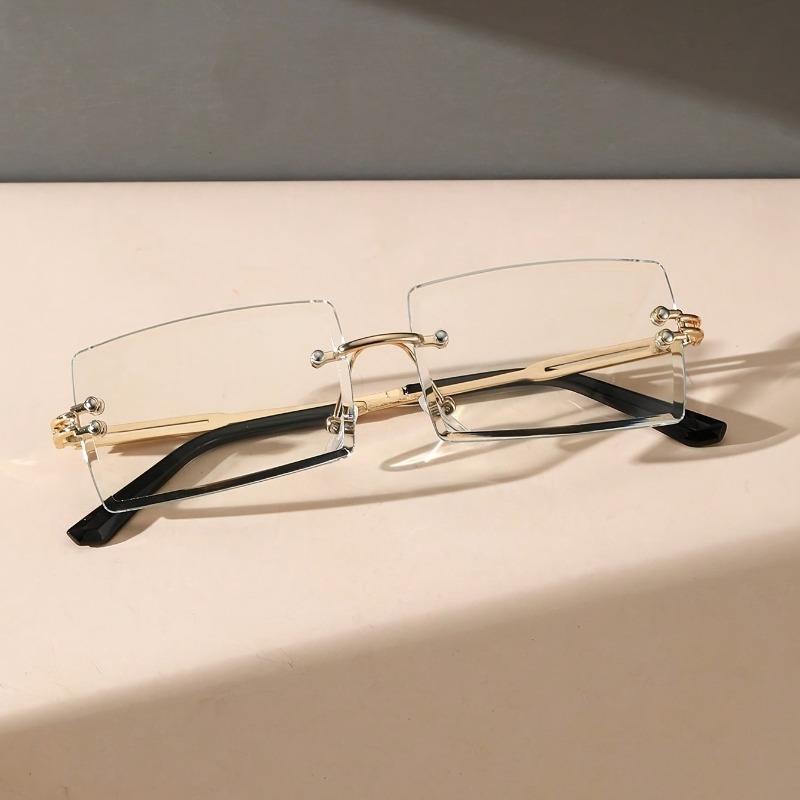2PCS Ladies' Fashionable Square Frameless Metal Frame Glasses Trendy Transparent Lens Glasses