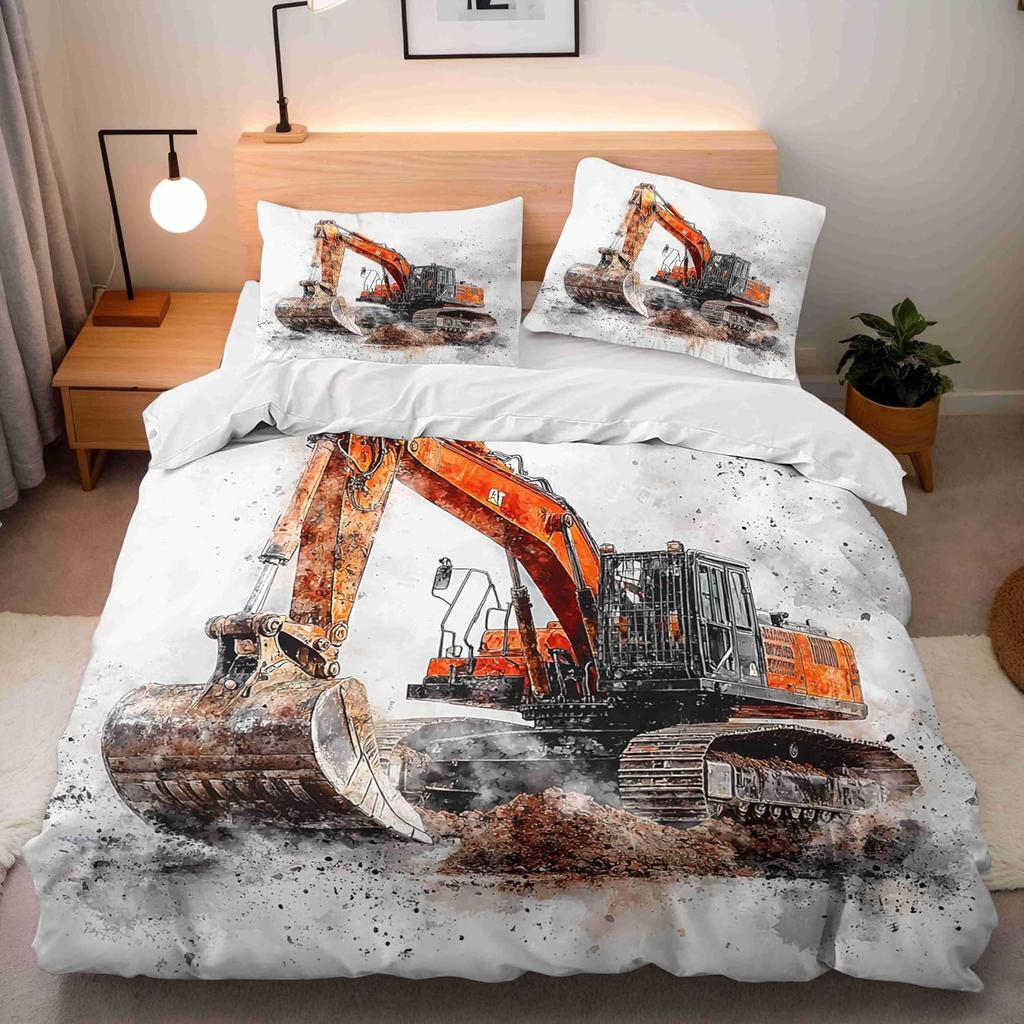Kids Single Duvet Cover Set for Boys, Cartoon Car Tractor Excavator Bedding for Teenage Boy, Equipment Trucks Quilt Cover set