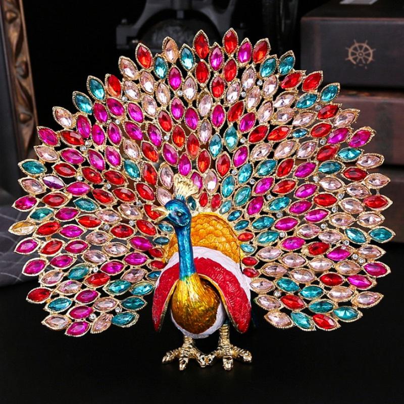 Peacock Shape Jewelry Storage Box Multicolor Inlaid Gem Organizer Exquisite Enameled Alloy Storage Jar Earrings Ring Unique Gift