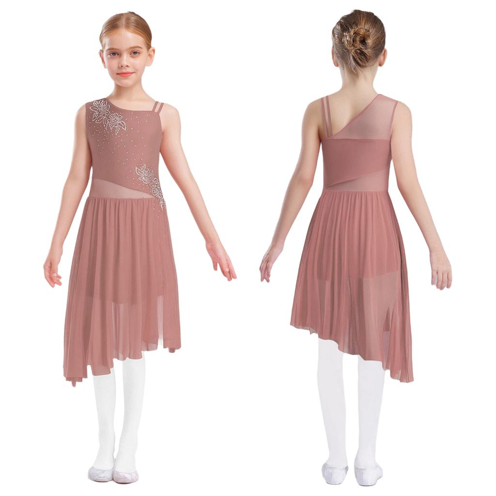 Vše v jednom kostým pro dívky na lyrický tanec: Bezesaté šaty s květinovým motivem a kamínky, s bočním rozparkem, připravené na pódium & vystoupení